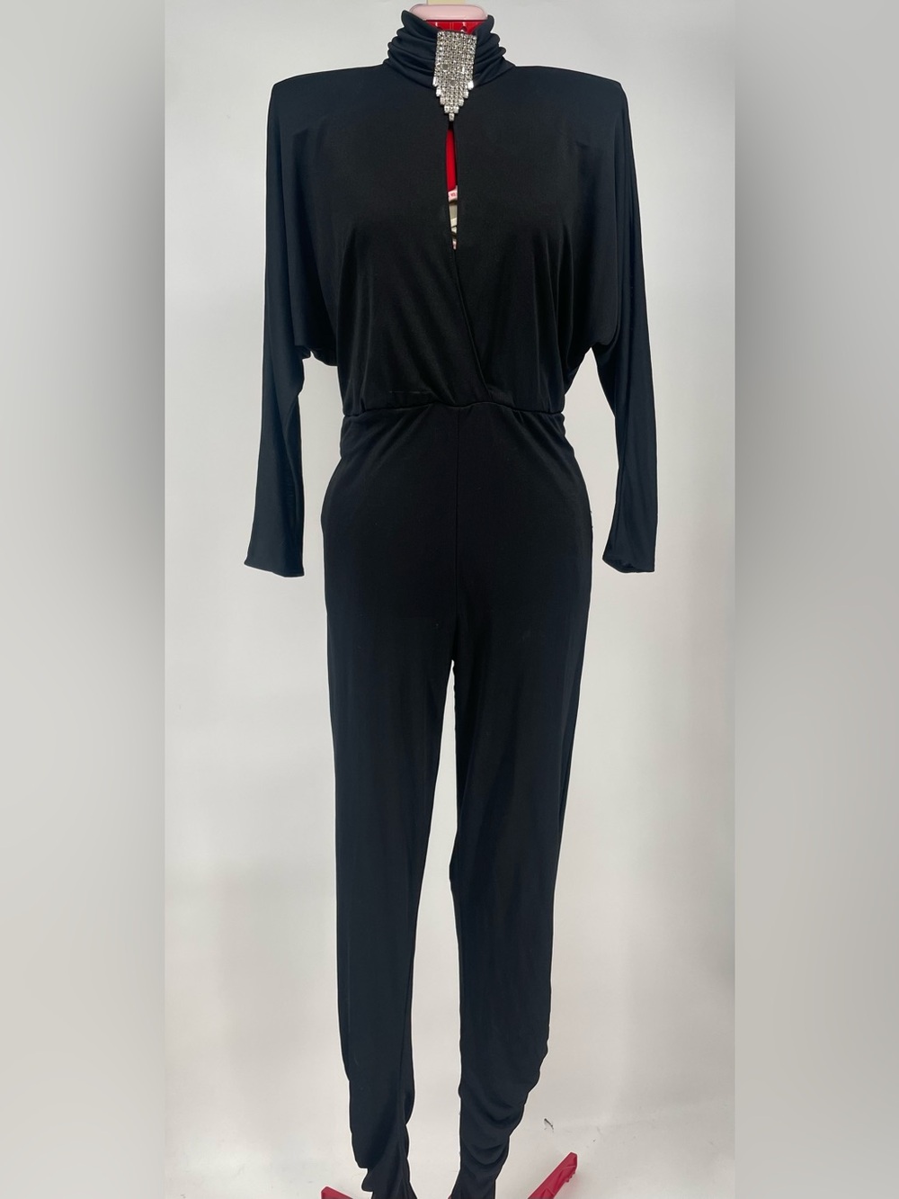 80s Dramatic Shoulder Pad Open Back Long Sleeve Jumpsuit Rhinestone Detail